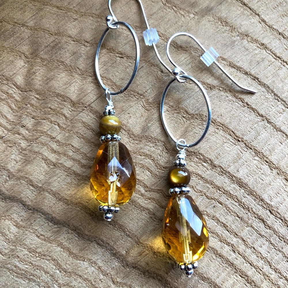 Sterling Silver Vintage Glass and Tigers Eye Drop Earrings